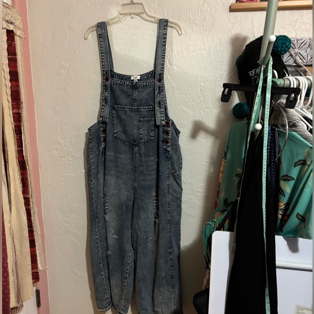 Easel Distressed Blue Denim Overalls - Picture 6 of 7